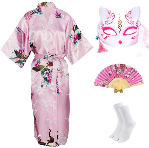 CRFASIBE Robe Kimono Japonaise pour Femmes, Japonais Traditionnel Yukata Femme, Paon Peignoir, Masque Kimono Eventail à Main Ensemble de Chaussettes(Rose,XL)