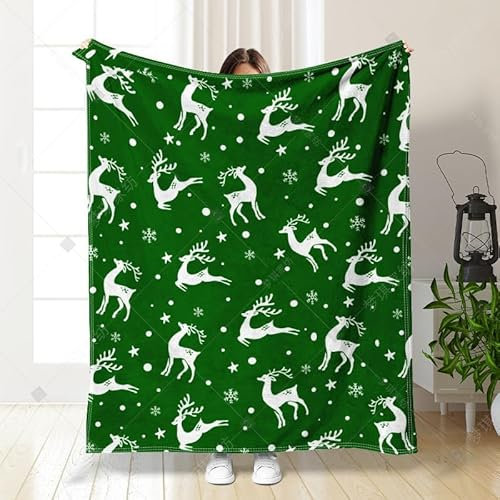 DOTBUY-SHOP Flanell Decken,Kuscheldecke Flauschig,Rentier Druck Fleecedecke- Sofadecke,Winterliche Wärme Decke,Weich Waschbar Kuscheldecke (Grün,70x100cm)