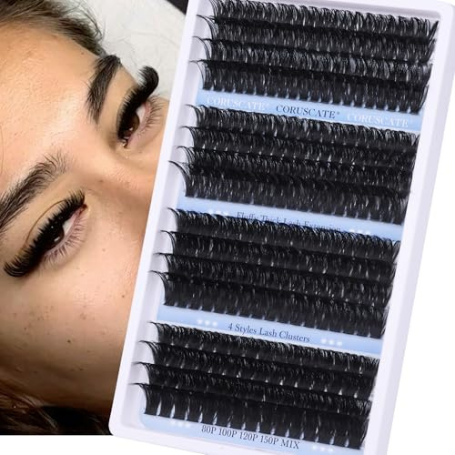 Cluster Lashes Long 14-20mm Individual Eyelashes 80D-150D Volume Eyelash Clusters Thick Tatti Lashes Individual Cluster D Curl DIY Eyelashes Extension Wispy Lashes Strip Lash Clusters by CORUSCATE