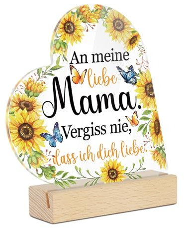 Putuo Decor Acrylschild mit Holzsockel – „An meine liebe Mama, vergiss nie, dass ich dich liebe“ – Sonnenblumen und Schmetterlingsmotiv – Geschenk für Mütter (An meine liebe Mama)