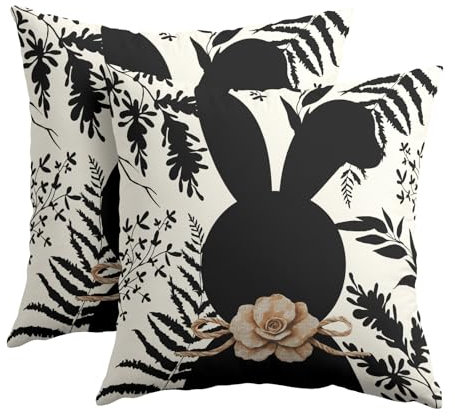 Kawani Osterhasen-Kissenbezüge, 45,7 x 45,7 cm, schwarzer Hase, Blumen, Ostern, Outdoor, dekorative Wurfkissenbezüge, Set mit 2 modernen Kissenbezügen, quadratisch, für Couch, Heimdekoration
