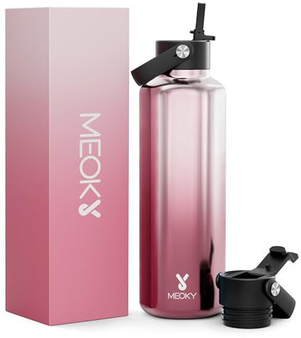 Meoky Metal Water Bottle for Women: 710ml Stainless Steel Travel Water Bottle with Straw and Flip Lid - BPA-Free Carry Loop for Camping Hiking - Outdoor Adventurers, Aurora