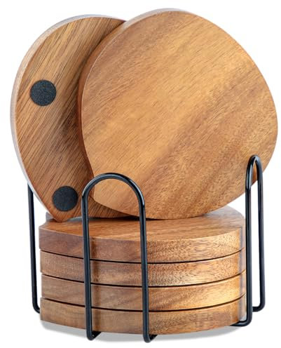 LiWiBet Untersetzer Gläser Holz 6er Set, Untersetzer aus Akazienholz mit Halter für Gläser, Glasuntersetzer Holzuntersetzer für Getränke, Bar, Tassen, Glas