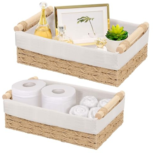Aufbewahrungskorb Badezimmer 2er Set, Geflochten Regalkörbe aus Papierseil | Beige Wickeltisch Organizer Körbchen mit Futter, Boho Stil Dekor Körbe für Handtuch Küche Kosmetik, 30x20x10,5cm, 25x15x9,8cm