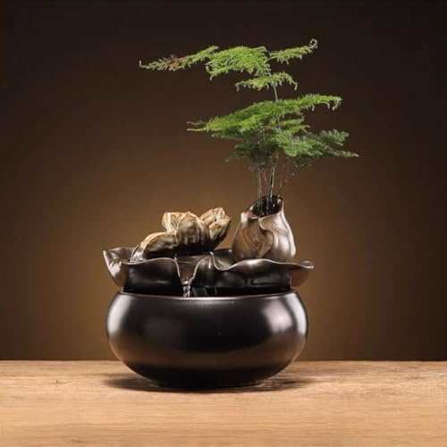 Fontana da tavolo in ceramica con fontana d'acqua di loto, fontana da tavolo nera lucida con design naturale, decorazione silenziosa per scrivania per casa e ufficio relax