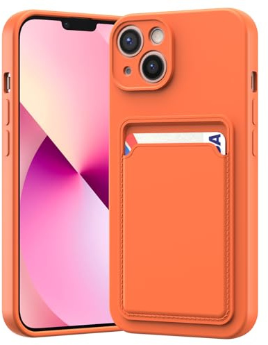 LVVFEI Custodia per iPhone 13 MIni 5,4 Pollic con Portacarte, Custodia in Silicone TPU Antiurto Integrata, Cover con Fessura per Carte di Credito Design Finitura Opaca, Arancione