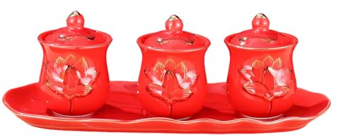 budiniao Water Cup for Buddha Ceramic Tea Cup Trio Set with Lotus Pattern Details Temple Ceramic Buddhist Supplies Ritual Bowl Meditation Yoga Buddhist Supplies with Base, red