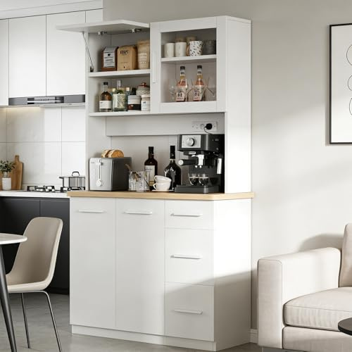 Devoko Armario Alto de Cocina con Luces LED y Enchufe, Mueble de Almacenamiento con 3 Cajones, Vitrina y Compartimentos Abiertos, Estantes Ajustables para Comedor,100x40x182cm (Blanco)