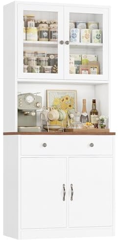 HOCSOK 180cm Tall Kitchen Cupboard with Glass Doors and Microwave Stand | Adjustable Shelves, Pantry Cupboard for Kitchen, Dining Room, Living Room, Wooden Kitchen Cabinet, White, 180H x 80W x 40D cm