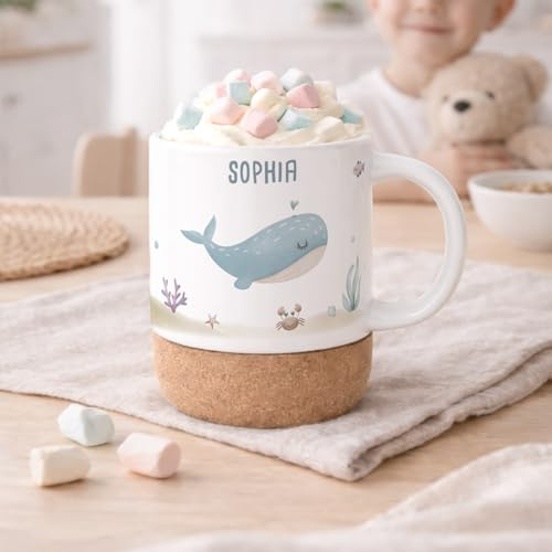 hellomini Personalisierte Tasse mit Korkboden für Kinder, Kindertasse mit Wunschdruck, Kinderbecher mit Namen, Geschenk zum Geburtstag, (Wal)