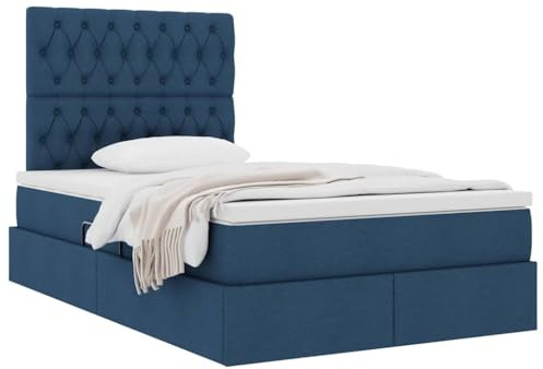 vidaXL Aufbewahrungsbett mit Matratze Blau 120 x 190 cm Stoff, Moderner Stauraumbett, rechteckig, hydraulisch, platzsparend, bequem, schwarzes Kunstleder, Matratze dabei