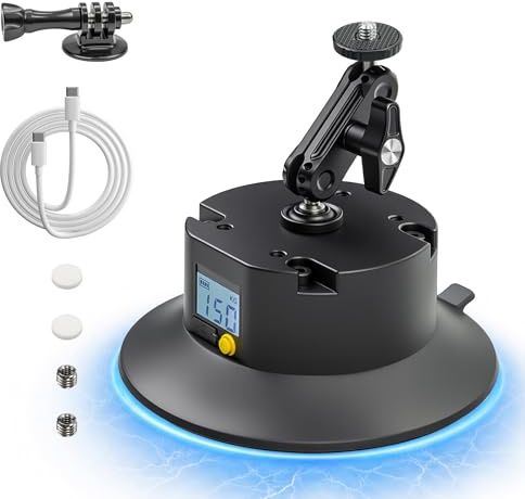 JUYLTOOL Elektrische Kamera Halterung mit Saugnapf und Aluminium Magic Arm | Kamera Saugnapfhalterung mit Kugelkopf Magic Arm,1/4″Schraube,2000 mAh,Auto-Nachsauge,Typ-C,Auto Halterung für Action-Kameras