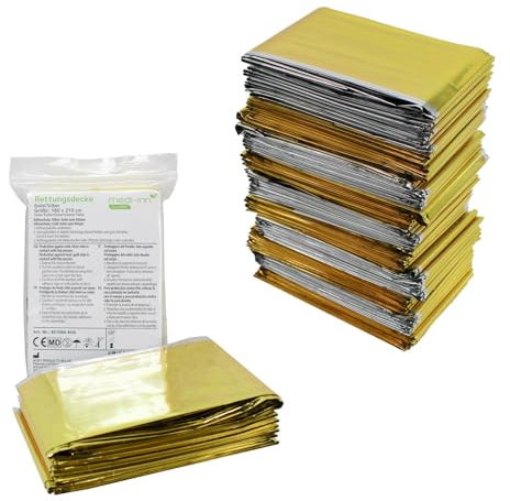 Medi-Inn+ Rettungsdecke Gold Silber | 160 x 210 cm | Notfalldecke für Erste Hilfe | Kälteschutz | Hitzeschutz (10 Stück)