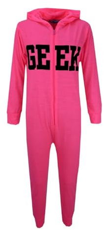 A2Z 4 Kids Girls Boys GEEK Hooded Onesie Jumpsuit Children Hooded - Geek Onesie Neon Pink 13.1