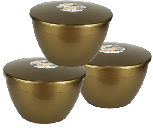 Just Pudding Basins Pack of 3 Plastic Gold Coloured Pudding Basins 3 Pint Large Size Food Safe Steaming Bowls Golden Colour Bowl and Lid 1.7lt