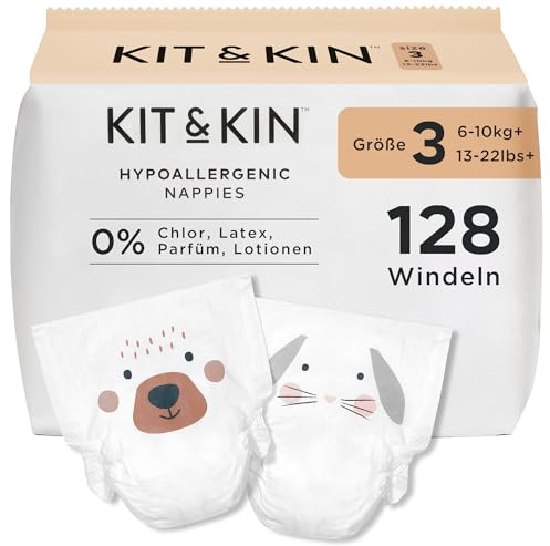 Kit & Kin Premium Windeln Größe 3 (6-10 kg) 128 Stück, Pflanzliche & Hypoallergene Babywindeln, Zuverlässiger Auslaufschutz, Vegan & Tierversuchsfrei