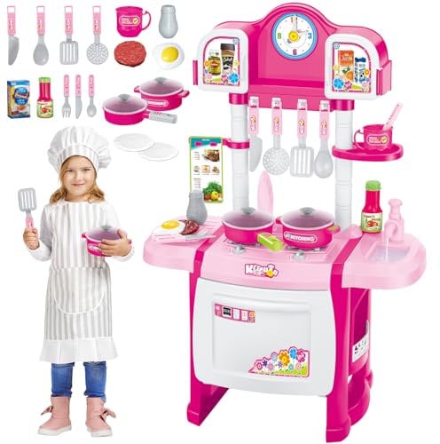 deAO Cocinita Mi Pequeño Chef con Características de Sonidos y Agua Incluye Accesosrios de Cocina,Cocina Juguetes Fregadero Refrigerador Horno Comida Juguete