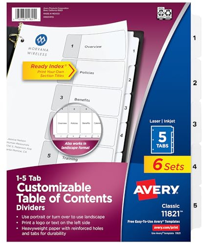 Avery Dividers for 3 Ring Binders, 5 Tabs per Set, Customizable Table of Contents, Classic White Tabs, Great for Organizing Reports, Projects, and More (6 Sets of 11821)