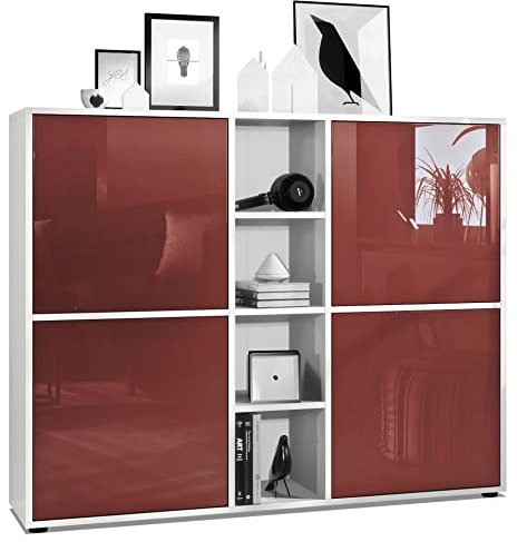Vladon Highboard Cuba V3, Made in Germany, Weiß matt/Bordeaux Hochglanz - Moderne Anrichte mit 12 Fächern (130,5 x 105,5 x 35,5 cm)