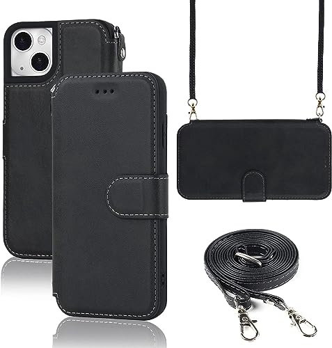ELTEKER Hülle für iPhone 13 Klapphülle, Handyhülle iPhone 13 mit Umhängeband und Kartenfach, Standfunktion Perfekten Schutz Handytasche Lederhülle, Schwarz