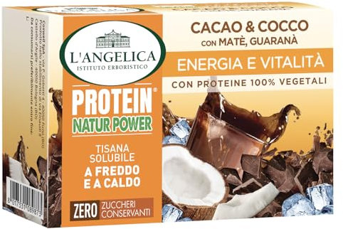 L'Angelica Tisana Solubile Cacao & Cocco con Proteine Vegetali, Tisane Solubili a Caldo e a Freddo, per il Mantenimento della Massa Muscolare, Energia e Vitalità, Confezione da 14 bustine