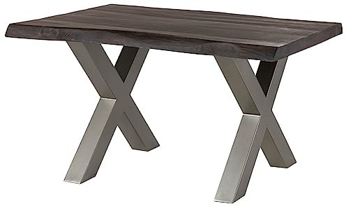 Massivmoebel24.de | Freeform 5 - Baumtisch aus Mangoholz - grau lackiert | X-Beine in Silber matt | 140x90x77 | Massivholztisch Baumkantentisch Esstisch