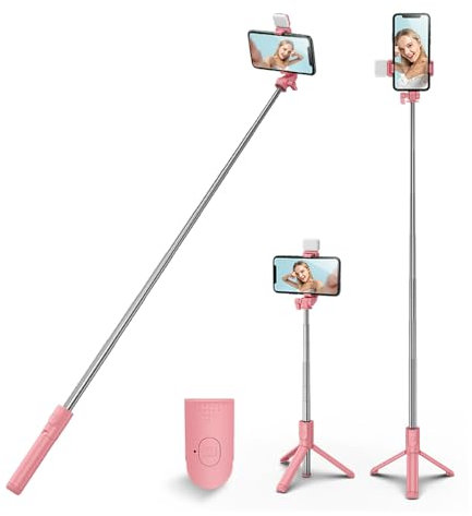 HCTian Selfie Stick Tripod with light,Extendable 360° Rotation Tripod Stand with Detachable Wireless Remote Portable 3 in 1 Phone Holder Compatible with iPhone,Android,samsung (pink+light)