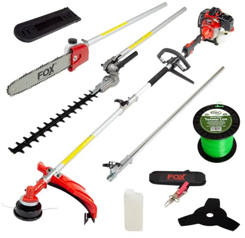 43cc Garden Multi Tool 6 in 1 Petrol 2-Stroke Grass Line Trimmer 250mm Brushcutter 400mm Hedge Trimmer 300mm Pruner Fox Commander + Extension & 262m Trimmer Line - 2 Years Warranty