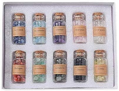 BeauFairy 10 Stück Kristalle Wunschflaschen, Heilkristall Trommelsteine Sammlungssatz, Edelsteinsplitter Flaschen Set, Adventskalender Steine für Reiki, Heilung, Meditation