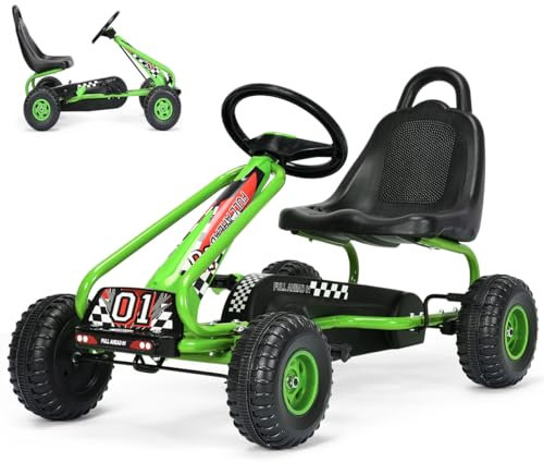 SOARS Gokart, Tretauto mit verstellbarem Sitz & Fußpedal, Go Kart mit Handbremse, Kinderspielfahrzeug Vorwärts- und Rückwärtsfunktion, Kinderfahrzeug bis 30 kg belastbar, für Kinder ab 3 Jahren (Grün)