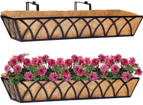 HFHOME 2Pcs 30/76.2cm Wall Trough Rail Planters, Large Hanging Flower Baskets with Coco Liner and Adjustable Brackets, Metal Railing Planter Box for Window Box Porch Balcony Fences