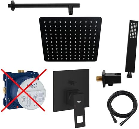 vanvilla Duschsystem mit Unterputz Duscharmatur von Grohe Eurocube Einhandmischer und vanvilla Regendusche mit Armatur, Duschkopf, Dusch-SET GS01-ob schwarz matt