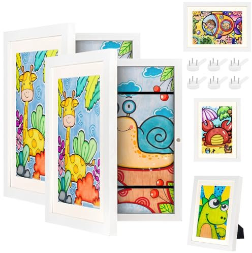 AIOR 2 Stück Bilderrahmen Kinderzeichnungen A4, Frontöffnung Befüllba Kunstfotorahmen für Kinder, Ideal für Kinderzeichnungen, Kunstwerken, Schule, Familie (Weiß)