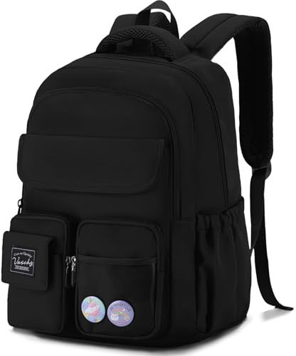 VASCHY Girls Backpack, Cute School Bag Bookbag for Elementary Middle Schooler Teen Girls/Kids Travel with Clear Pin Pouch,Black