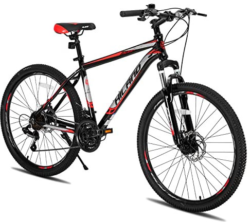 Hiland 27,5 Zoll Mountainbike, 21 Gänge Schaltung Mehrspeichen Laufräder Fahrrad, Aluminium Rahmen Scheibenbremsen Mountainbike für Männer Frauen Herren MTB-Fahrrad, Schwarz&Rot