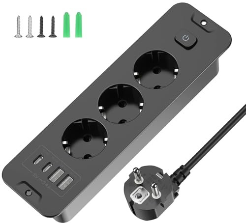 Versenkbare Steckdose 3 Fach, Einbau Steckdosenleiste mit 4 USB, Einbausteckdose Mehrfachsteckdose, Tischsteckdose mit 2 USB C, Tischplatte Versenkte Steckdose - 2M Kabel Schwarz Black