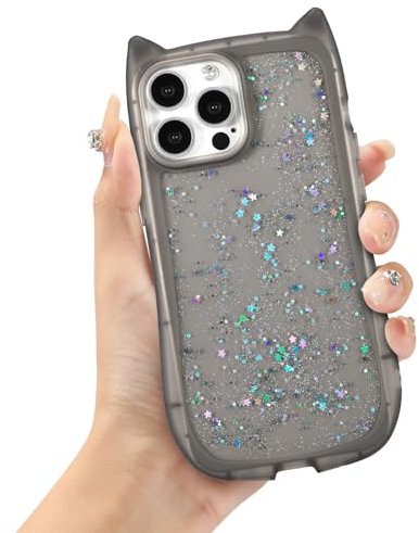 ZCDAYE Cute Cat Ear Case iPhone 13 Pro Max, Glitter Bling Soft TPU Bumper Protective Phone Cover, Black Clear