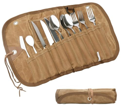 11-Teilig Gabel und Löffel Set Outdoor Bestecktasche,Camping Besteck Set, Reisebesteck mit Aufbewahrungstasche, Tragbares Camping Besteckset Wiederverwendbares für Picknick Outdoor