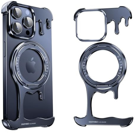 OGRANEE Liquid Metal Frameless Case for iPhone 15 Promax with Mag Safe Kickstand 360° Rotatable, Bezel Less Slim Hard Shockproof Ultra Thin for iPhone 15 Pro Max Case with Ring Holder for Men, Blue