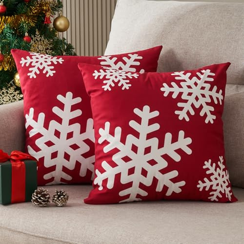 DakTou Kissenbezug Weihnachten 40x40 Rot Samt Sofakissen Dekokissen Kissenbezüge Modern Schneeflocken Muster Xmas Kissenhülle Zierkissenbezüge für Sofa Auto Home Schlafzimmer 2er Set
