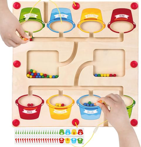 peccera Magnetspiel Labyrinth, Montessori Spielzeug ab 3 Jahre - Magnetisches Labyrinth Spielzeug für 2 Personen, Magnetspiel, Holzspielzeug, Kinderspielzeug, Lernen von Farben und Zahlen