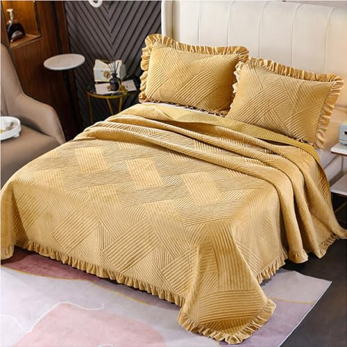XIUWOUG Tagesdecke 220x240cm Baumwolle Bettüberwurf, Bettdecke mit 2 Kissenbezüge, Kristallsamt Steppdecke Gesteppte für Doppelbett,Gold,220x240