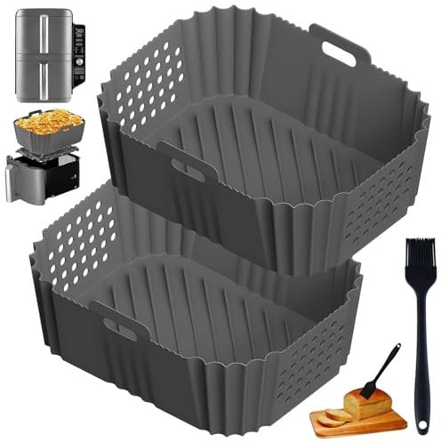 2 PCS Silicone Air Fryer Liners,Dual Airfryer Liners with Oil Brush,Air Fryer Accessories Compatible with Ninja Double Stack XL 9.5L Air Fryer SL401UK DZ201 DZ401 DZ550 AF400UK AF451UK(Grey)