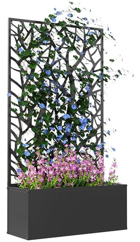 Outsunny Jardinera Exterior Grande de Metal Jardinera con Pantalla de Privacidad de Hojas Decorativas Jardinera de Pared o Independiente para Patio Terraza 61x23x113 cm Negro