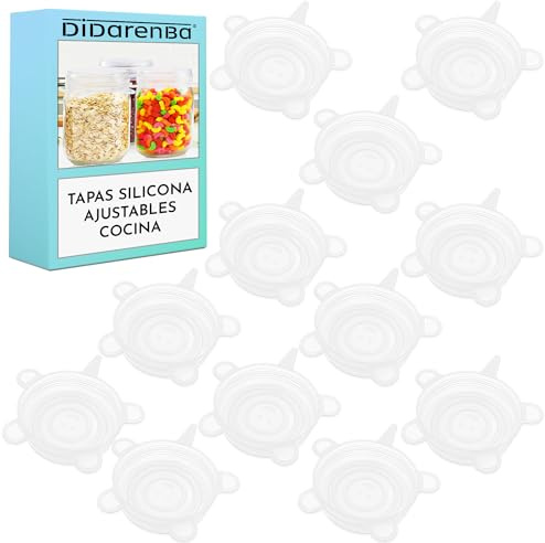 Tapas Silicona Ajustables Cocina 12 piezas Transparente | Para botes latas tazas vasos, Reutilizables, Sin BPA Ecológicas, Resistentes a Altas y Bajas Temperaturas