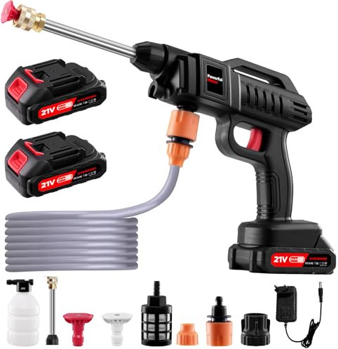 Bellanny Akku Hochdruckreiniger, Max 60Bar Tragbarer Druckreiniger Pistole, 21V Hochdruckpistole mit 2×3.0AH Akkus, 3-in-1 Verstellbare Düse,5M Schlauch,Schaumsprüher, Pressure Washer für Auto Graten