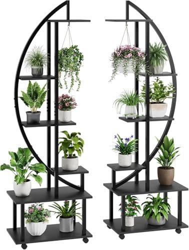 OPULENTHOME Lot de 2 supports de plantes en métal à 6 étages en forme de demi-lune avec roues amovibles, crochets, grand support de plantes haut pour maison, jardin, balcon, noir, 175 x 56 x 30 cm