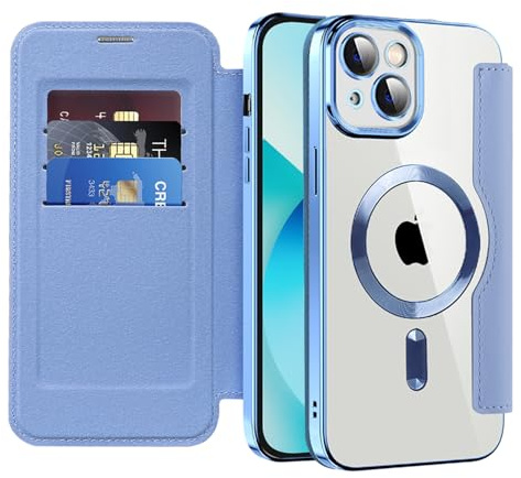 IMEIKONST for iPhone 13 Case Flip Wallet Cover, Light Blue JDCX | RFID Blocking Card Holder, Camera Lens Protection, Magnetic Transparent TPU Back, Compatible with MagSafe, PU Leather