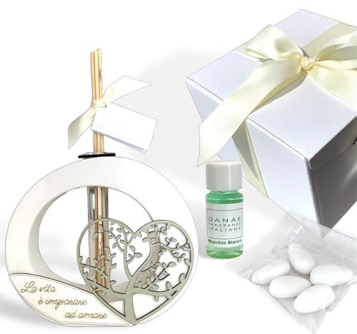 Danae FRAGRANZE Italiane Bomboniera Profumatore in Marmo con Albero della Vita, 11x12 cm, Completo di Scatola, Confetti, Nastro e Bigliettino Personalizzato (Bianco/Tortora)