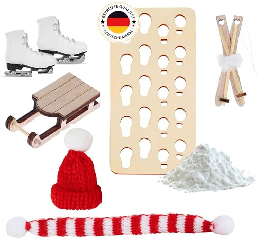 MARKETIFAR Wichtel Zubehöhr Schlitten Set - Weihnachtswichtel | 7 Teiliges Miniatur Weihnachtsdeko Set Schlitten, Schlittschuhen, Schal, Mütze, Fußabdrücken, Falschem Schnee
